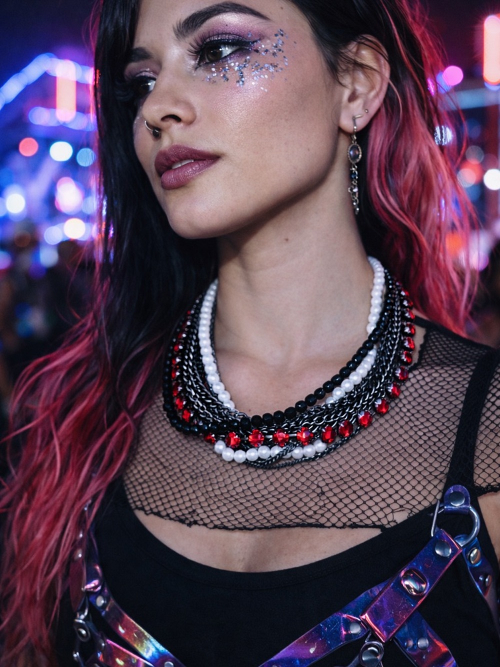 Gunmetal Black Multi Strand Chain Pearl Red Rhinestone Statement Choker Necklace
